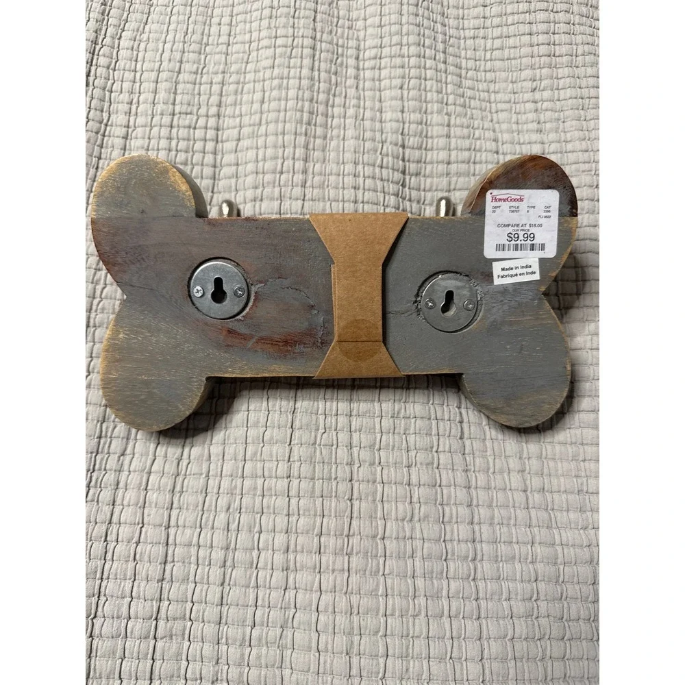 Rustic Wood Dog Bone Wall Hook Rack Leash Holder Distressed Grey 10.5in